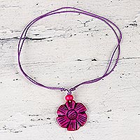 Hand-carved pendant necklace, Fuchsia Flower