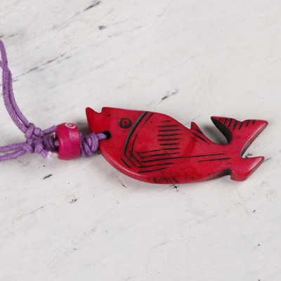 Hand-carved pendant necklace, 'Blissful Fish' - Fish-Themed Pendant Necklace from India