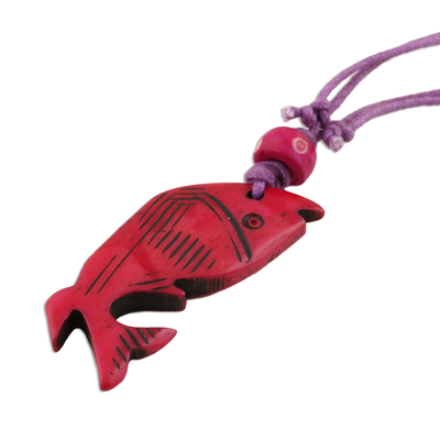 Hand-carved pendant necklace, 'Blissful Fish' - Fish-Themed Pendant Necklace from India
