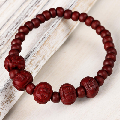 Bone beaded stretch bracelet, 'Red Expression' - Red Bone Beaded stretch Bracelet from India