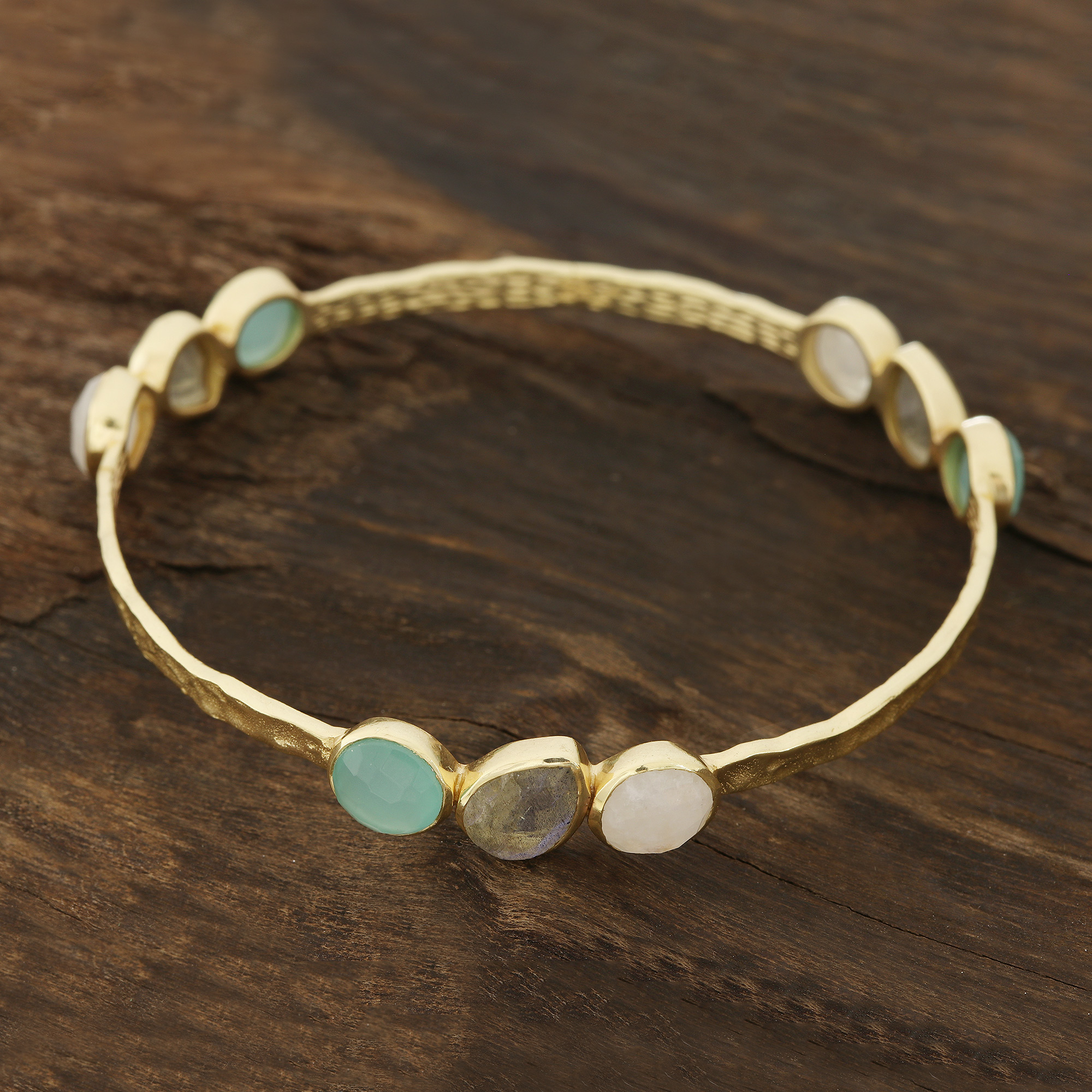 Novica Lavish Harmony Gold Plated MultiGemstone Bangle Bracelet