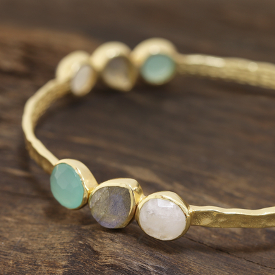 Gold plated multi-gemstone bangle bracelet, 'Lavish Harmony' - Gold Plated Multi-Gemstone Bangle Bracelet from India