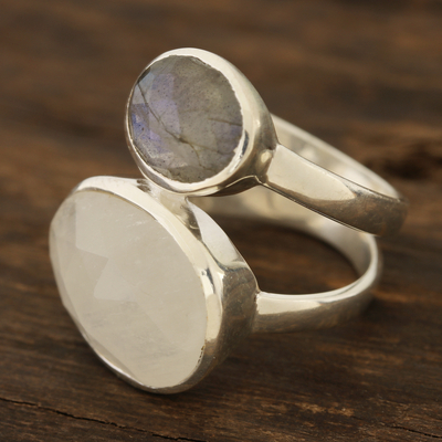 Rainbow moonstone and labradorite cocktail ring, 'Evening Elegance' - Rainbow Moonstone and Labradorite Cocktail Ring from India