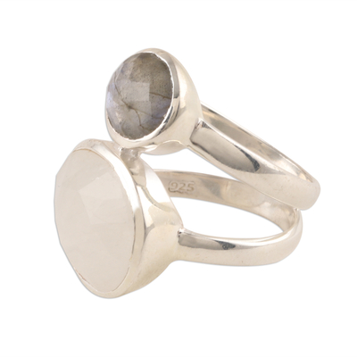 Rainbow moonstone and labradorite cocktail ring, 'Evening Elegance' - Rainbow Moonstone and Labradorite Cocktail Ring from India