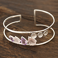Rose quartz and amethyst cuff bracelet, 'Dazzling Teardrops' - Rose Quartz and Amethyst Cuff Bracelet from India