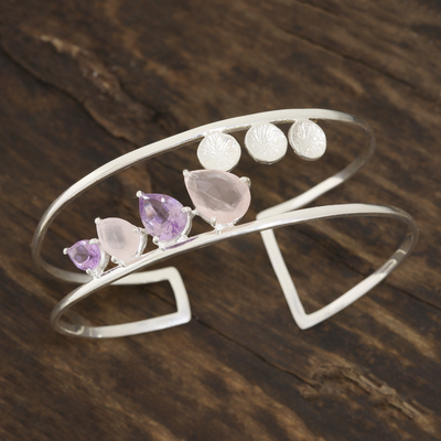 Rose quartz and amethyst cuff bracelet, 'Dazzling Teardrops' - Rose Quartz and Amethyst Cuff Bracelet from India