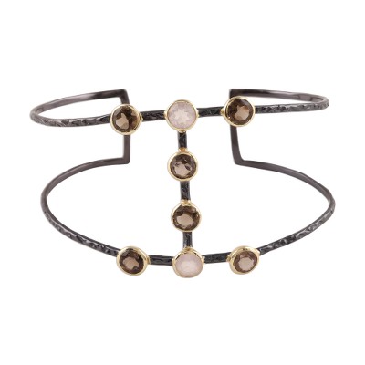 Gold accented smoky quartz and rose quartz cuff bracelet, 'Evening Grandeur' - Gold Accented Smoky Quartz and Rose Quartz Cuff Bracelet
