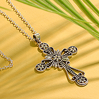 Sterling silver pendant necklace, 'Floral Faith' - Floral Cross Sterling Silver Pendant Necklace from India