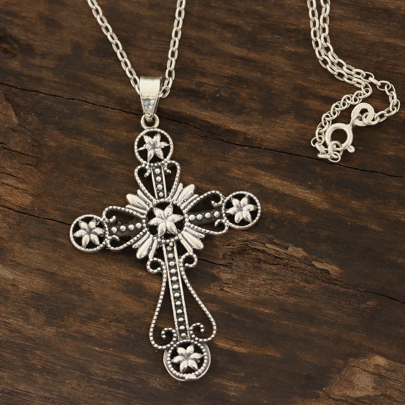 Floral Cross Sterling Silver Pendant Necklace from India - Floral Faith ...