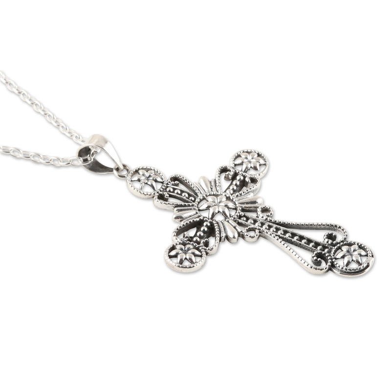 Floral Cross Sterling Silver Pendant Necklace from India - Floral Faith ...