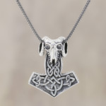 Men's sterling silver pendant necklace, 'Thor Ram' - Men's Sterling Silver Thor's Hammer Pendant Necklace