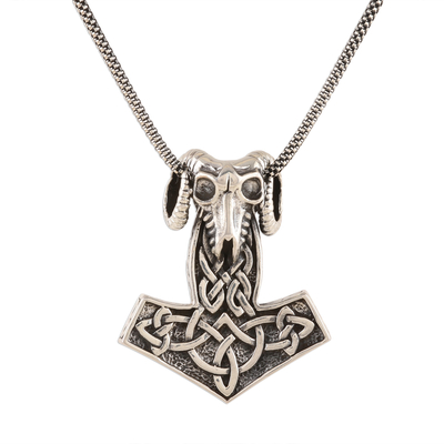Men's sterling silver pendant necklace, 'Thor Ram' - Men's Sterling Silver Thor's Hammer Pendant Necklace