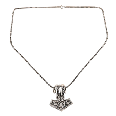 Men's sterling silver pendant necklace, 'Thor Ram' - Men's Sterling Silver Thor's Hammer Pendant Necklace