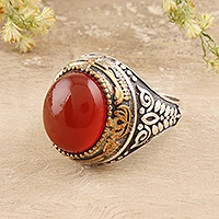 anillo arribadado de ónix - Anillo arribadado de ónix rojo anaranjado elaborado en la India