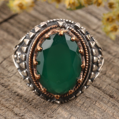 Onyx single-stone ring, 'Verdant Crown' - 6-Carat Green Onyx Single-Stone Ring from India