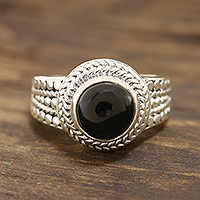 Onyx cocktail ring, 'Black Elegance' - Patterned Black Onyx Cocktail Ring from India