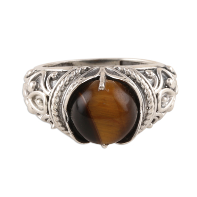 Tiger's eye cocktail ring, 'Earthen Bliss' - Patterned Tiger's Eye Cocktail Ring from India