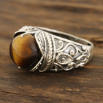 Tiger's eye cocktail ring, 'Earthen Bliss' - Patterned Tiger's Eye Cocktail Ring from India