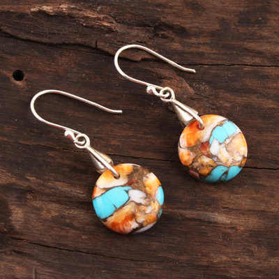 Composite turquoise dangle earrings, 'Moon of Mystery' - Circular Composite Turquoise Dangle Earrings from India