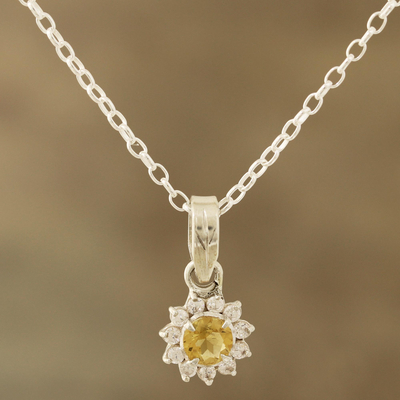Citrine pendant necklace, 'Gleaming Flower' - Floral Citrine Pendant Necklace Crafted in India