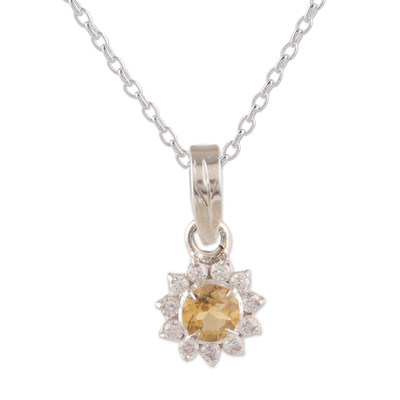 Citrine pendant necklace, 'Gleaming Flower' - Floral Citrine Pendant Necklace Crafted in India