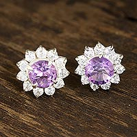 Amethyst stud earrings, 'Gleaming Flower'