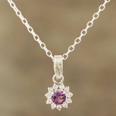 Amethyst pendant necklace, 'Gleaming Flower' - Floral Amethyst Pendant Necklace Crafted in India