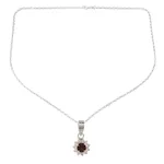 Garnet pendant necklace, 'Gleaming Flower' - Floral Garnet Pendant Necklace from India