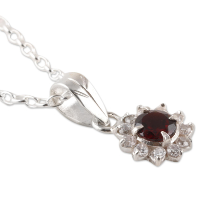 Garnet pendant necklace, 'Gleaming Flower' - Floral Garnet Pendant Necklace from India