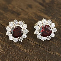 Garnet stud earrings, 'Gleaming Flower'