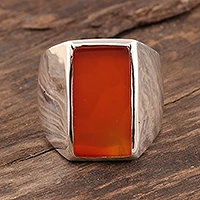 Men's carnelian ring, 'Red-Orange Obelisk'