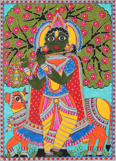 Madhubani-Gemälde - Signiertes Madhubani-Gemälde von Lord Krishna aus Indien