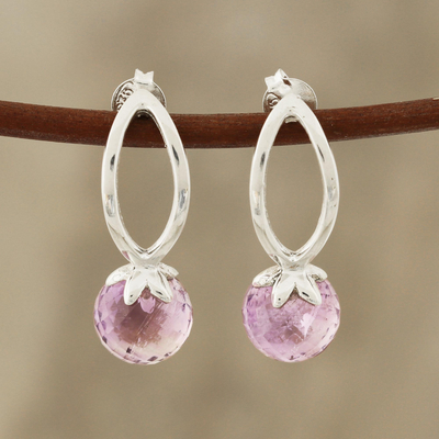 Amethyst drop earrings, 'Round Dazzle' - 4-Carat Amethyst Drop Earrings from India