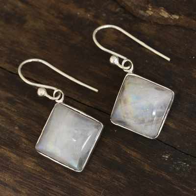 Rainbow moonstone dangle earrings, 'Fascinating Frames' - Square Rainbow Moonstone Dangle Earrings from India
