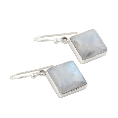 Rainbow moonstone dangle earrings, 'Fascinating Frames' - Square Rainbow Moonstone Dangle Earrings from India