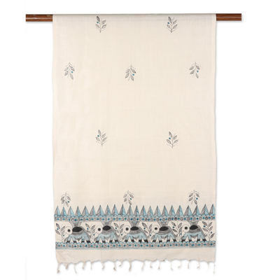 Madhubani silk scarf, 'Elephant Harmony' - Handwoven Elephant Motif Madhubani Silk Scarf from India