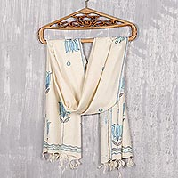 Madhubani silk scarf, 'Lotus Peace' - Handwoven Floral Motif Madhubani Silk Scarf from India