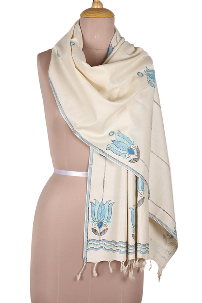 Hand painted silk scarf, 'Lotus Peace in Blue' - Handwoven Floral Motif Madhubani Silk Scarf from India