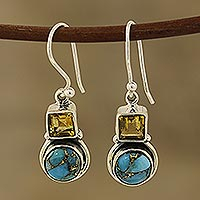 Citrine dangle earrings, 'Glittering Combo' - Square Citrine and Composite Turquoise Dangle Earrings