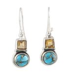 Citrine dangle earrings, 'Glittering Combo' - Square Citrine and Composite Turquoise Dangle Earrings