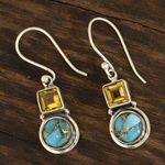 Citrine dangle earrings, 'Glittering Combo' - Square Citrine and Composite Turquoise Dangle Earrings