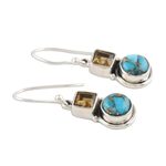 Citrine dangle earrings, 'Glittering Combo' - Square Citrine and Composite Turquoise Dangle Earrings