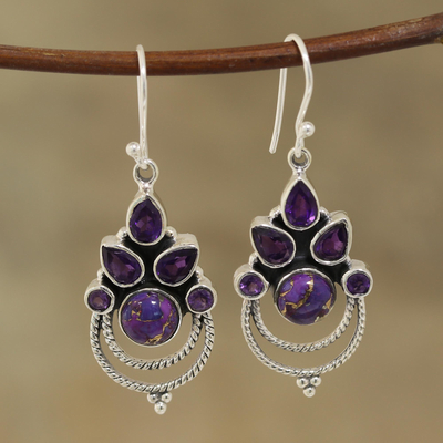 Amethyst dangle earrings, 'Radiant Harmony' - Amethyst and Purple Composite Turquoise Dangle Earrings