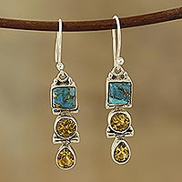 Citrine dangle earrings, 'Graceful Trio' - 3-Carat Citrine and Composite Turquoise Dangle Earrings
