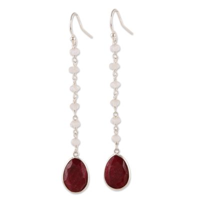 Ruby and rainbow moonstone dangle earrings, 'Raining Drops' - Ruby and Rainbow Moonstone Dangle Earrings from India