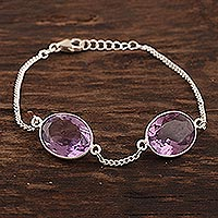 Amethyst pendant bracelet, 'Sparkling Twins' - 21-Carat Amethyst Station Bracelet from India