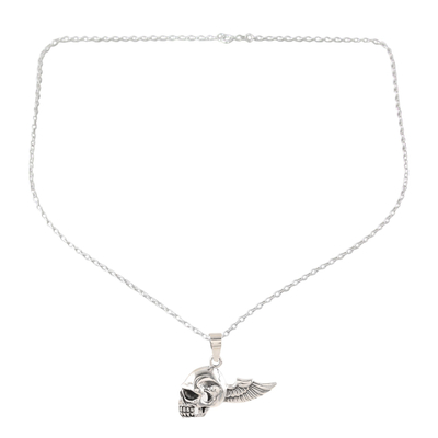 Men's sterling silver pendant necklace, 'Skull Flight' - Men's Sterling Silver Winged Skull Necklace from India