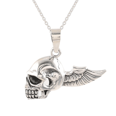 Men's sterling silver pendant necklace, 'Skull Flight' - Men's Sterling Silver Winged Skull Necklace from India