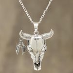 Men's sterling silver pendant necklace, 'Mighty Bull' - Sterling Silver Bull Skull Necklace from India