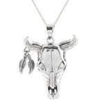 Men's sterling silver pendant necklace, 'Mighty Bull' - Sterling Silver Bull Skull Necklace from India